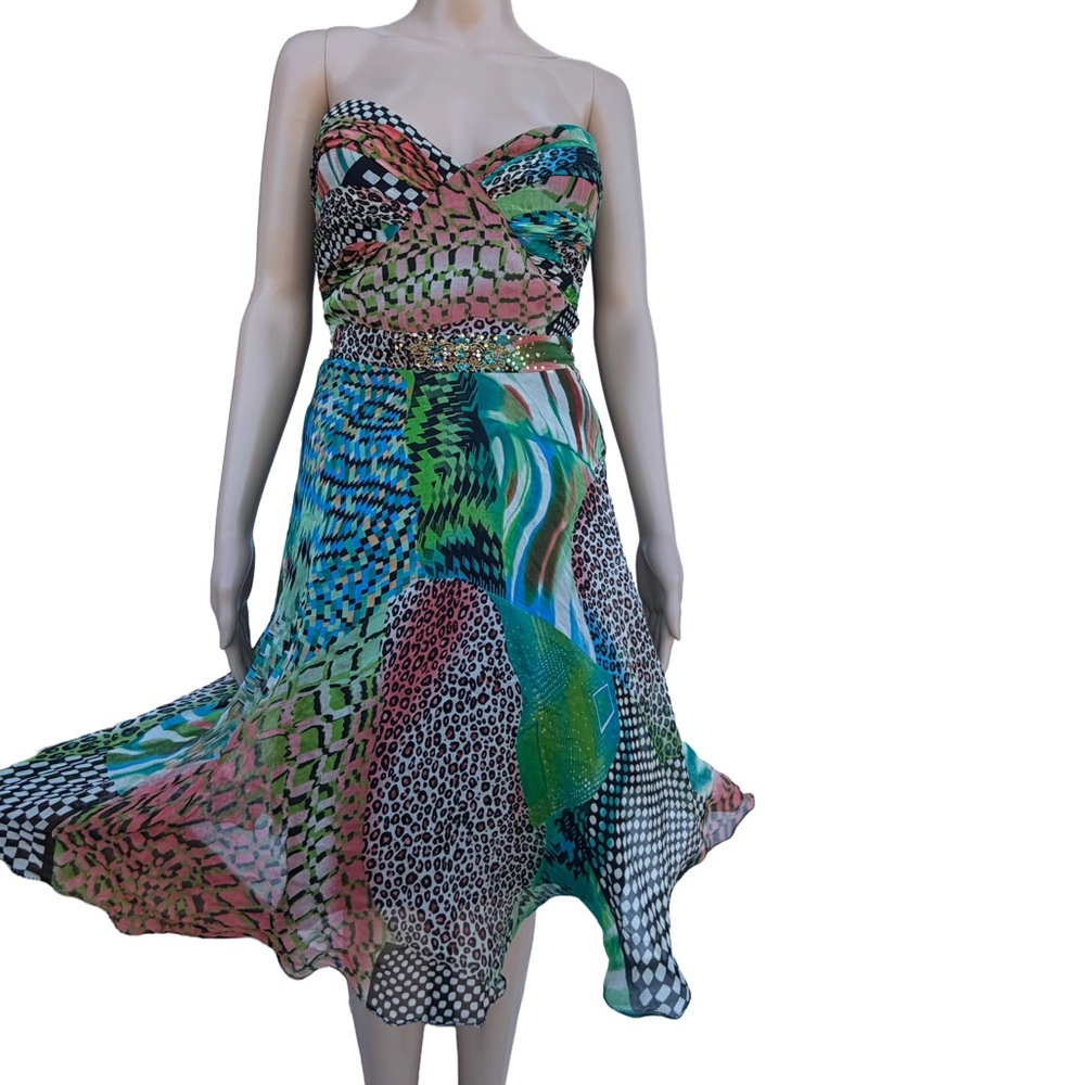 90s Diane Freis Animal Print Silk Beaded Strapless Dress